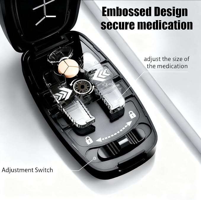 Pill Cutter Splitter for Small and Tiny Pills - Pill Cutter 1/4 - Accurately Cuts Multiple Pills - Easy Open Snap Button. Detachable Nonslip V-Shaped Pad. Wrap-Around Blade Guard. Back Storage (Black)