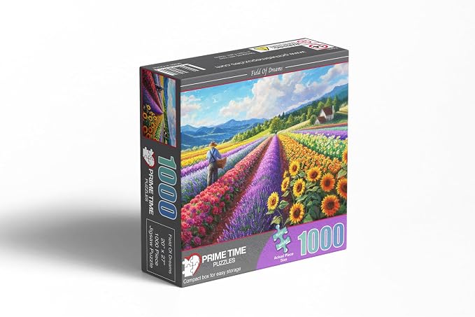 Adult Jigsaw Puzzle 1000 Piece Mountain Flower Farm | Vibrant sunflowers and colorful floral rows of a country cottage farm scene. Suitable on a table, puzzleboard or floor.