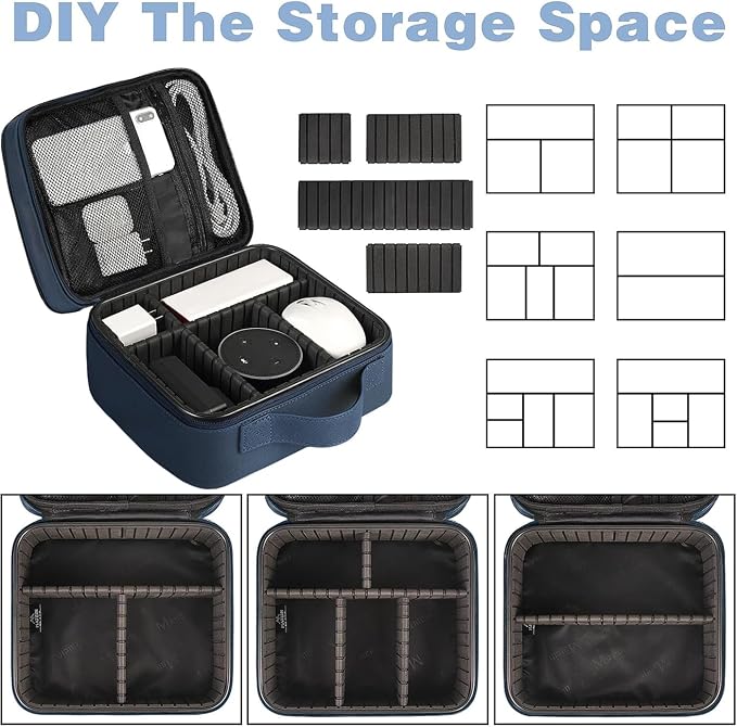 MATEIN Cord Organizer Case with Adjustable Divider, DJ Cable File Bag | Electronic Storage, Tech Accessories, Charger Cable Organizer, Cord Bag, Double Layer, Shockproof, USB Cable Organizer, Blue