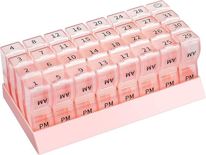 Monthly Pill Organizer 2 Times a Day, one Month Pill Box AM PM, 30 Day Pill Case Small Compartments to Hold Vitamin and Travel Medicine Organizer, 31 Day Pill Organizer, 4 Week Pill Cases（Pink）
