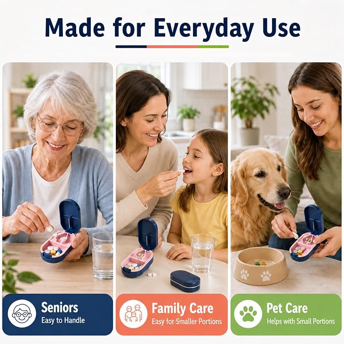Pill Cutter Splitter for 1/2 Cuts, Small Tablets and Vitamins, Easy-Open Button, Built-in Storage, Shielded Stainless Steel Blade, Portable Tablet Splitter(Blue)