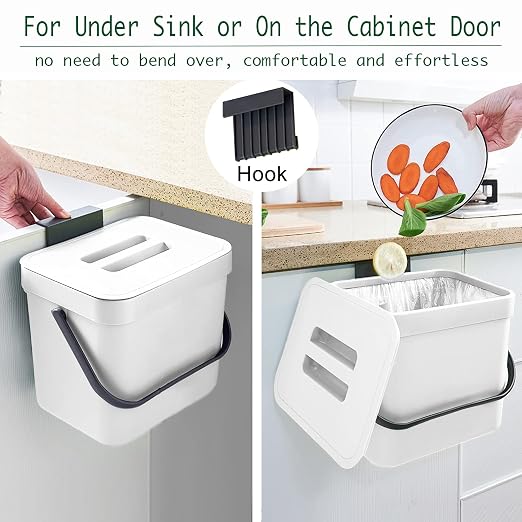 LALASTAR Trash Can with Lid, Wall-Mounted Under Sink Small Garbage Can for Kitchen, Bathroom, Hanging Plastic Trash Can, 1.8 Gallon, White