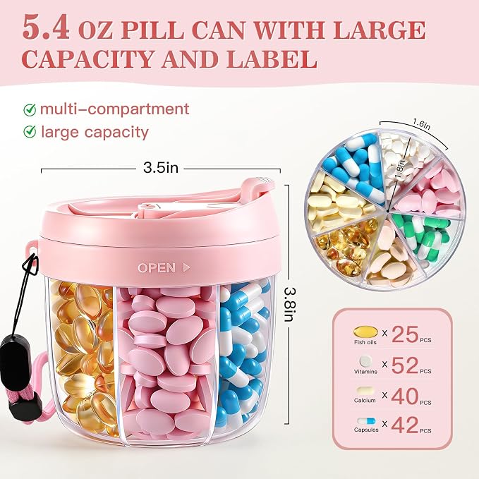 Pill Organizer,Travel Essentials Pill Container, Travel Pill Dispenser with Pink Lid，Pill Case Having 7 Large Compartments,Travel Containers for Cruise Essentials 2026