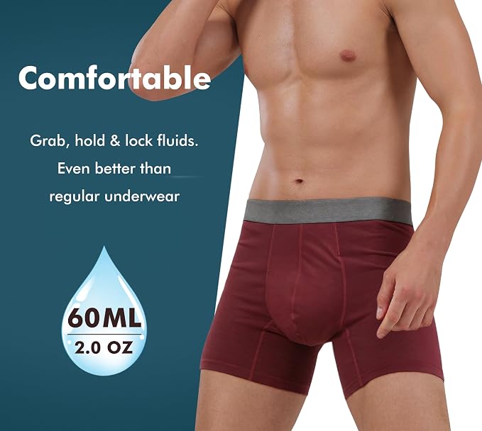 AIRCUTE Washable Absorbency Incontinence Underwear for Men, 6" Inseam Urinary Protective Boxer Briefs for Bladder Leaks 60ML (Medium, Red)