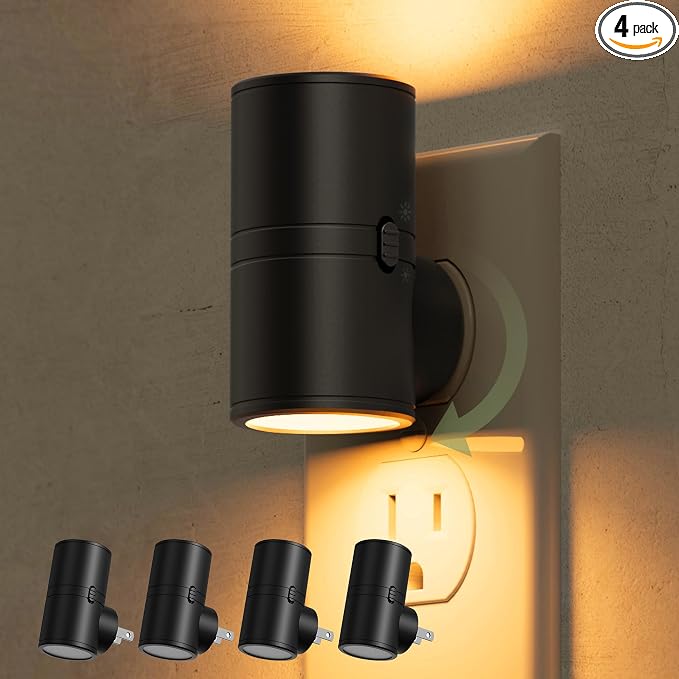 L LOHAS LED Amber Night Light, Yellow Nightlight,Rotating,Dimmable 50/100LM | Plug into Wall, Warm Circadian Nightlight,Light Sensor Nightlight Plug in, Adults Hallway Bedroom Bathroom[Black Shade,4Pack]
