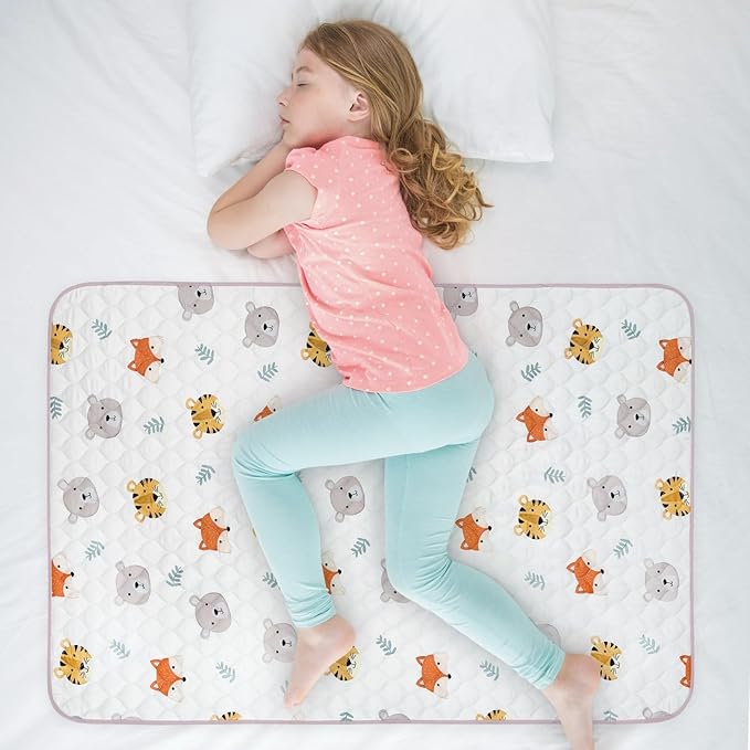 Organic Incontinence Pads for Kids & Toddlers - 5 Layer Waterproof Protectors for Overnight Bed Wetting - Reusable & Washable Pee Pads - Fits Twin to Full Size Beds - 34" x 52" Tiger Bear Fox