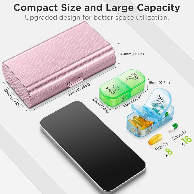 Zannaki Metal XL Weekly Pill Organizer 2 Times a Day, Large Travel Daily Pill Box 7 Day, Portable Week Twice Pill Holder Container, AM PM Pill Case for Medicine Vitamin Medication Supplement, Pink