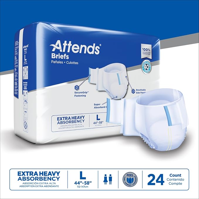 Attends Adult Incontinence Disposable Briefs, Large, 44"-58" Waist with SecureGrip Tab Closure, Extra Heavy Absorbency with Super Absorbent Core and Breathable Side Panels, 72ct Case