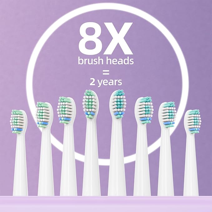 YUNCHI Electric Toothbrush Birthday/Valentine Plastic 8 Dupont Heads 24-Mo Deep Cleans Gentle Gums Removes Stains 3Hr USB-C 90d 2-Min Timer/30s IPX7 - Purple