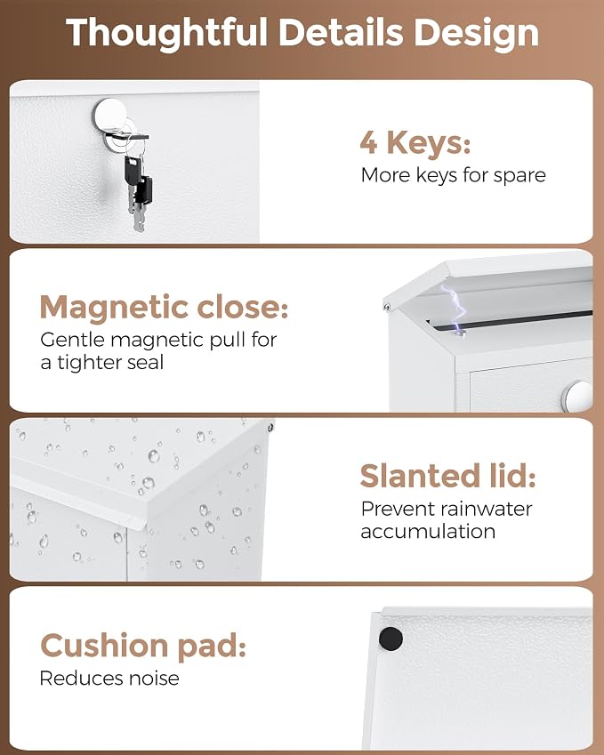 LAND·VOI Locking Wall-Mount Mailbox for Outside, with 4 Keys, Galvanized Steel Rustproof Metal Postbox, 3.1" Dx7.5 Wx10.8 H, Includes 3 Sets of Mailbox Numbers, Nameplate,White