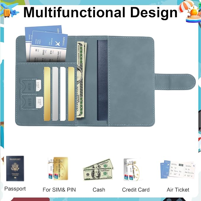 Passport Holder for Travel Essentials, Light Blue Leather Passport Cover, Passport Wallet Holders for Women Men Family Travel Gifts Must Have Accessories, Credit Card Cash Air Ticket Storage Supplies