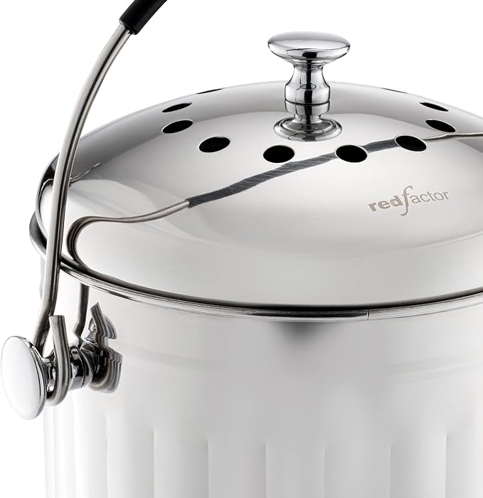 Premium Compost Bin for Kitchen Countertop - Stainless Steel Food Waste Bucket with Innovative Dual Filter Technology - Includes Spare Filters (Brilliant Steel, 1.3 Gallon)