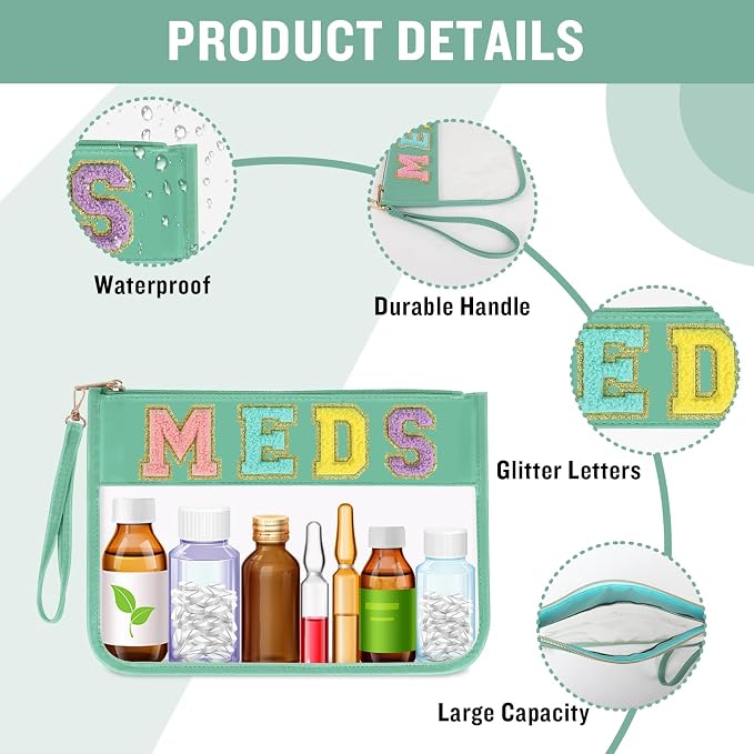 Iqimott Chenille Letter Patch Bag Clear MEDS Drugs Pouch, Preppy Portable Cosmetic Makeup Bag for Women Girls Travel, Waterproof Nylon Zipper Toiletry Medicine Storage Case Stadium Bag(Green, MEDS)
