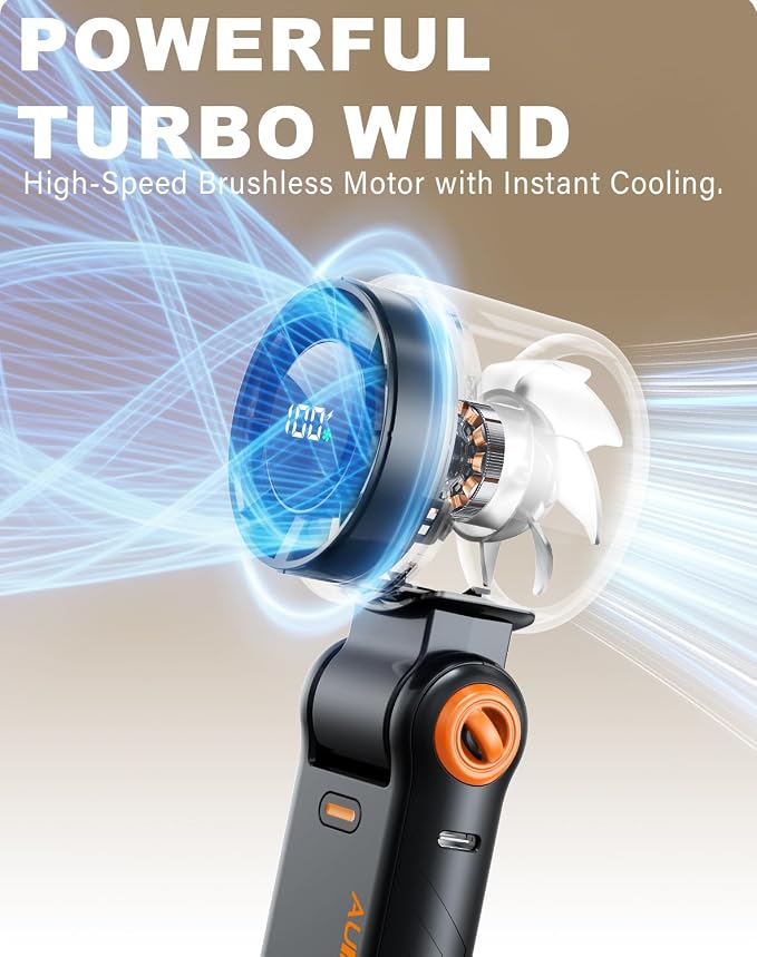 Portable Handheld Turbo Fan - 5 Speed Mini Personal Fan with Strong Airflow, Foldable 3 in 1 Rechargeable Battery Operated Trave Essentials Hand Fans for Indoor/Outdoor Use, Black