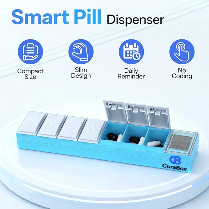 Pill Dispenser with Alarm Medication Alert Smart Pill Organizer with Alarm 7-Day Weekly Case with Auto-Learning Habit Sensor, LCD Status Icons, Rechargeable, Portable