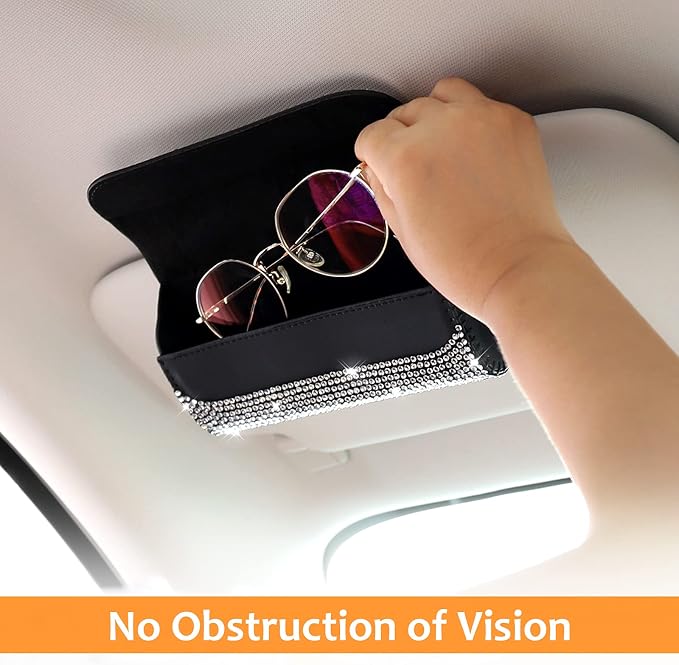 Accmor Bling Sunglasses Holder for Car Sun Visor 2 Pack, Vehicle PU Leather Glasses Storage Case Eyeglasses Organizer Protective Box Sparkling Crystal Car Accessories for Truck, SUV, RV (White)