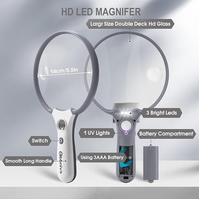 Large Magnifying Glass with Light, Magnifier Handheld Illuminated Lighted Magnifier with 3 LED Lights 1UV Light Storage Bag Clean Cloth for Seniors Reading Inspection (Grey)