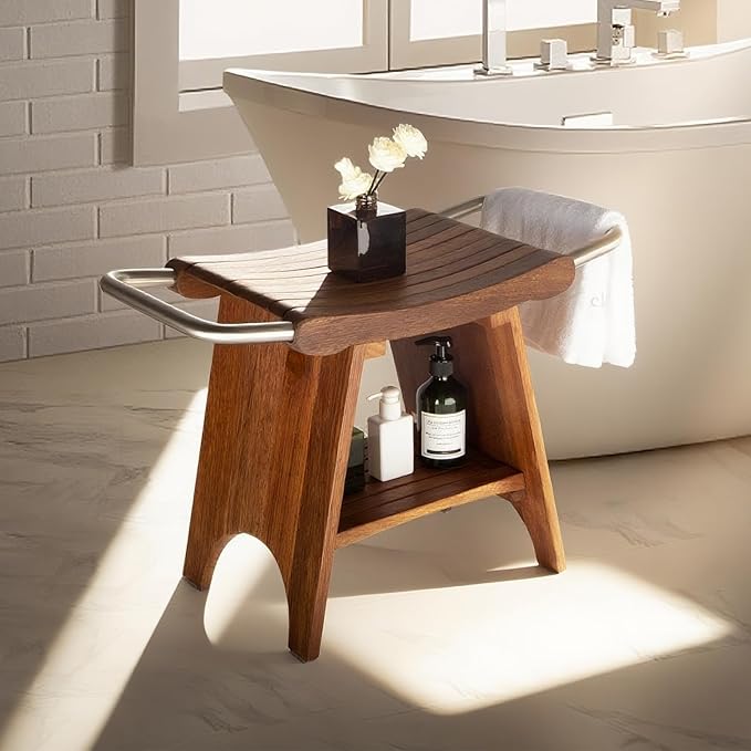 Teak Shower Bench with Stainless Steel Handles, 15” Waterproof Luxury Teak Shower Stool with Shelf, Compact Fit for Small Bathrooms, Easy Assembly Support 300 lbs
