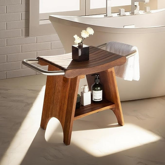 Teak Shower Bench with Stainless Steel Handles, 15” Waterproof Luxury Teak Shower Stool with Shelf, Compact Fit for Small Bathrooms, Easy Assembly Support 300 lbs