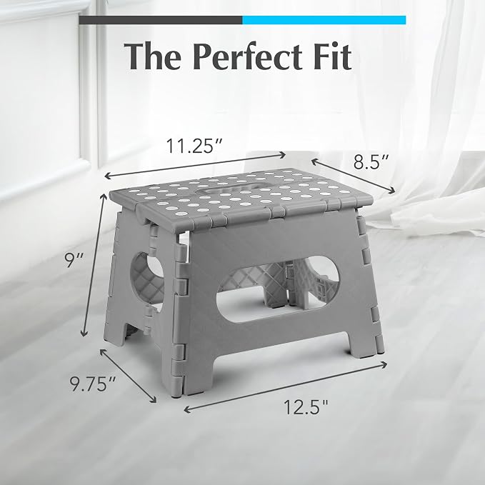 Handy Laundry Folding Lightweight Step Stool - Sturdy Enough to Support Adults - Opens Easy with One Flip - Great for Kitchen, Bathroom or Bedroom (Grey - 9 Inch)