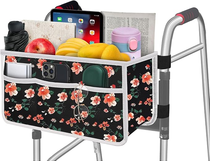 Yuan & Chuang Walker Bag, Water Resistant Large Capacity Carry Storage Carrier Tote, Basket for Walker with Multiple Pockets, Folding Walker Basket with 6 Elastic Straps for Most Walker - Rose Pattern