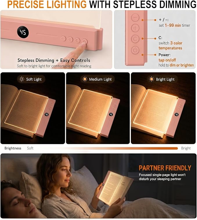 30 LED Book Light for Reading at Night in Bed, Rechargeable Book Page Light, 3 Color Temperatures, Stepless Dimming, 1-99 Min Timer, 2-in-1 Reading Light Light & Night Light, Gift for Readers Pink