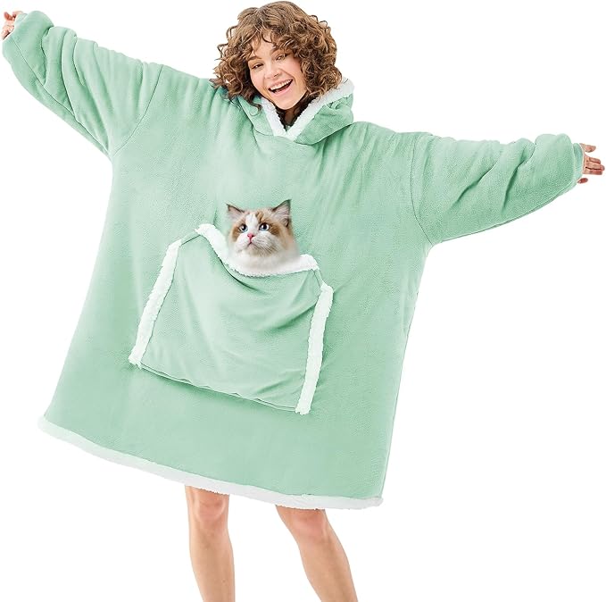 JOYWOO Green Wearable Blanket Hoodie,Oversized Cat Lovers Sweatshirt Blanket for Adult & Teens, Birthday Gifts for Women Men Mom Girl Boys,Cozy Sherpa Fuzzy Blanket Giant Pocket Gifts,Sage green Small