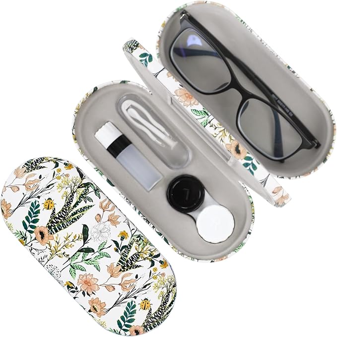 2 in 1 Contact Lens Case and Eyeglasses Case for Women Men Kids, Double Sided Hard Shell Portable Glasses Travel Holder with Built-in Mirror, Contact Lens Box (White Flower)