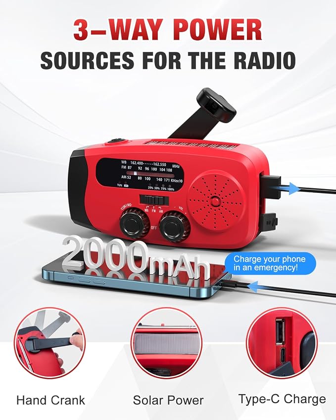 Hand Crank Radio with AM/FM/NOAA Weather Band,for Emergencies, Camping | 3 LED Flashlights,SOS Function,Solar Powered,Hand Cranked, 2000mAh/7400mWh Charger,for Power Outage - Red