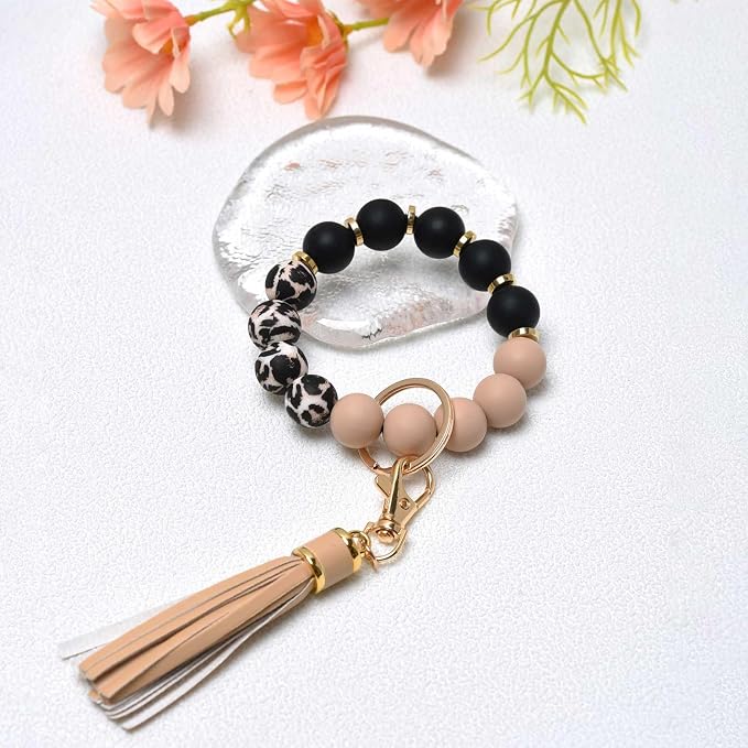 BAOSIWA Silicone Beaded Bracelet Keychain Wristlet Key Ring Bangle Chains for Women with Leather Tassel