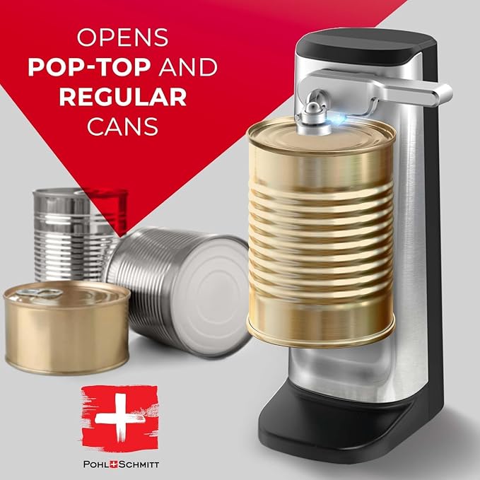 POHL SCHMITT Electric Can Opener, Knife Sharpener & Bottle Opener | Easy Push Down Lever, Works with Standard And Pop-Top Cans, Durable Stainless Steel & ABS, Kitchen Essentials and Accessories