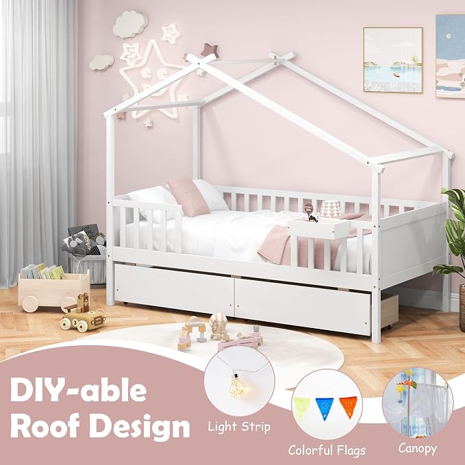 Giantex Twin House Bed with Drawers, Wooden Twin Bed Frame with Cube Storage & Fence Rails, Montessori Beds for Kids Boys, Girls, Bedroom, Living Room, No Box Spring Needed, White
