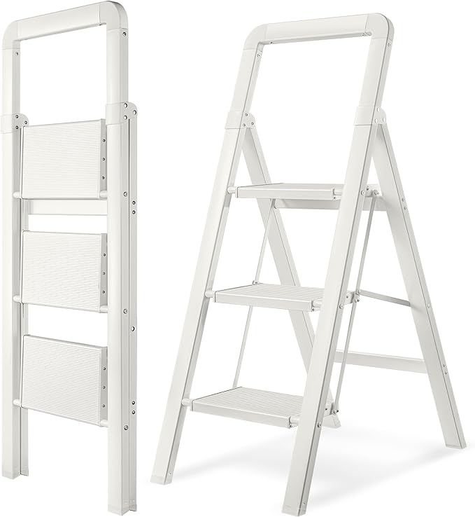 Step Ladders Folding 3-Step White Finish Aluminum Foldable Step Stool,Anti-Slip Portable Sturdy for Home & Kitchen Office 330 lbs
