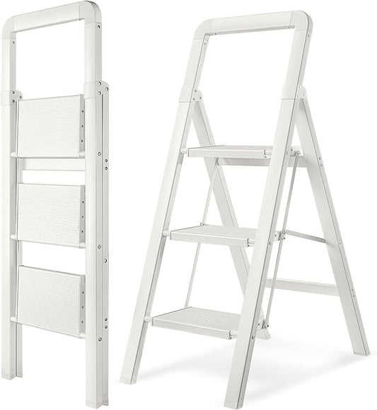 Step Ladders Folding 3-Step White Finish Aluminum Foldable Step Stool,Anti-Slip Portable Sturdy for Home & Kitchen Office 330 lbs