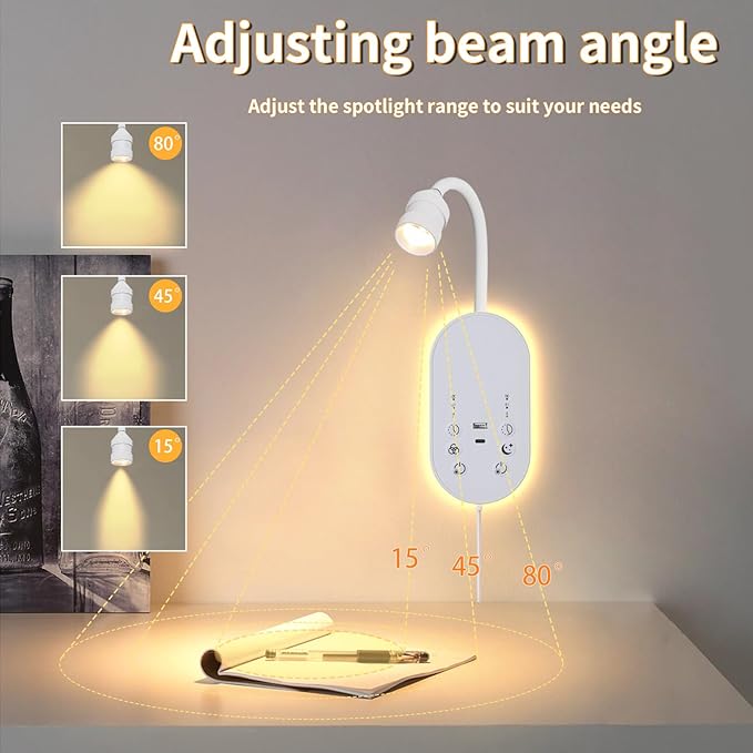LED Wall Mounted Reading Light for Bed, Book Light for Reading with Touch Control, Stepless Dimmable, Flexible Gooseneck Bed Light with USB C+A, Night Light & Timers Function (White)