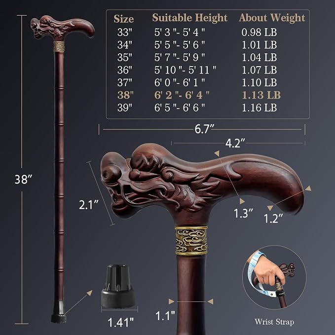 Wooden Walking Cane, 3D Dragon Engraved Cane Support up to 400 lb, Canes for Seniors Men Women of Different Heights