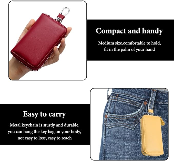 Leather Car Key Holder Bag, Unisex Key Fob Case with 6 Hooks, Zipper Closure Keychian Case Wallet for Smart Keys (Yellow)
