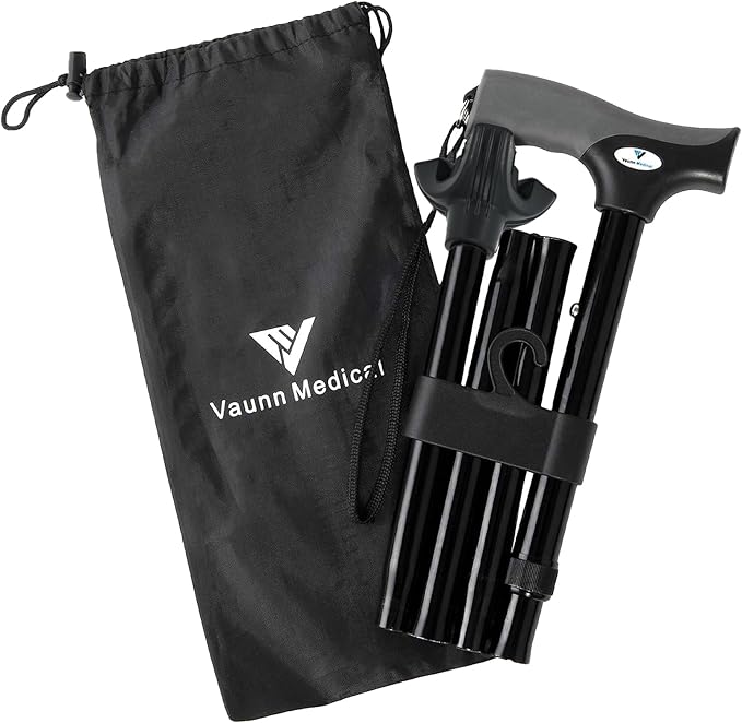 FSA/HSA Eligible, Vaunn Medical Easy Grip Height Adjustable Folding Cane/Walking Stick with Strap/Pouch- Compact, Portable, and Safe Walking Assistant- Non-Slip Grip Handle- Men, Women, Elderly