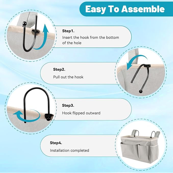 BlissTotes Bedside Caddy, Dorm Storage with Pockets, Bunk Bed Accessories | Hanging Bed Storage Organizer with Hooks, Bedside Shelf Bag, Magazine Holder for Home, College, Hospital (Light Grey, 2 Pack)
