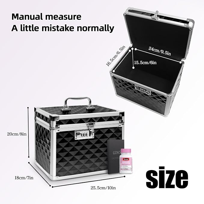 Medication Combination Lock Boxes with Code for Personal Items, Medicine Lockbox for Documents 10 x 7.25 x 7.75 Inches Plaid Black