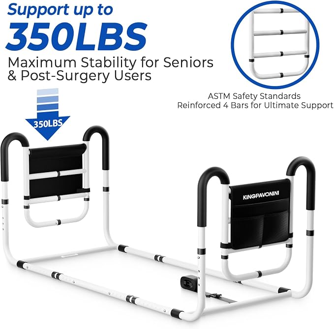 KingPavonini Dual Side Bed Rails for Seniors, 350 LBS Capacity, Model BM10 | ASTM-Approved Bed Rails for Elderly Adults Safety, Dual U-Handles & 4-Bar Anti-Tip, Storage Bag, Tool-Free, Fits Twin to King