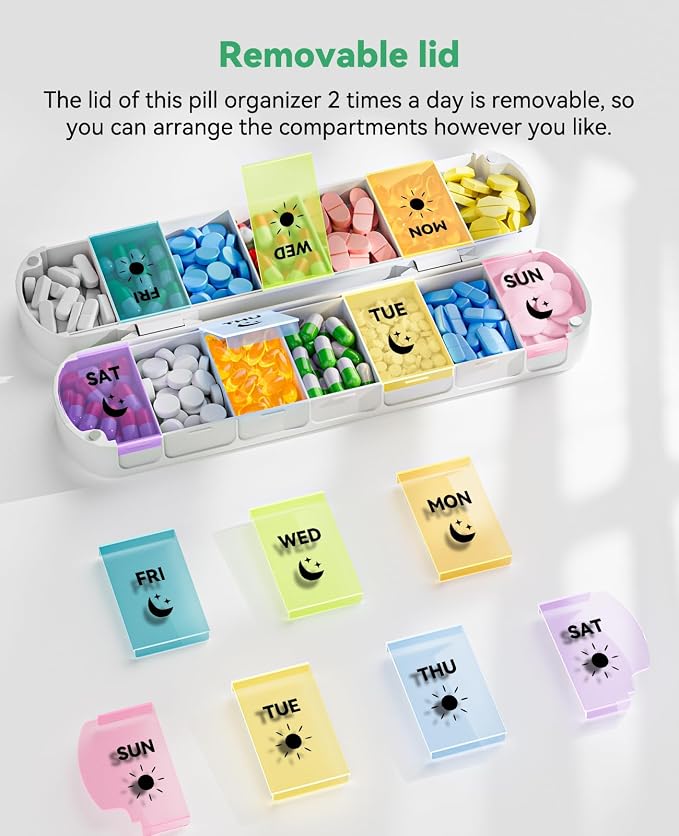 Foldable Weekly Pill Organizer 2 Times a Day - Magnetic Moisture-Proof 7 Day Pill Box AM PM, Portable Travel Medicine Organizer with Removable Lids for Vitamins, Supplements and Fish Oils (Multicolor)