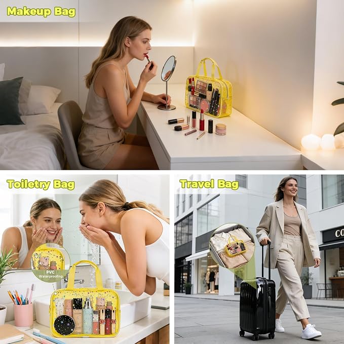 Clear Yellow Star Large Makeup Bag with Star Pattern 12x5x8 inch, Travel Cosmetic Bag with Handle, Durable PVC Material Washbag Zipper Opening Design for Makeup Travel Organizer or Gym Use