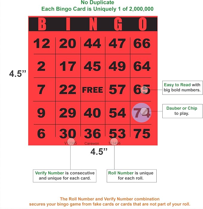 250 Bingo Cards, Large 4.5 x 4.5 Inch, Red, Paper Bingo Sheets | 8 Color Options, Premium Cardstock, Disposable with Daubers or Reusable with Chips — Proudly Made in USA