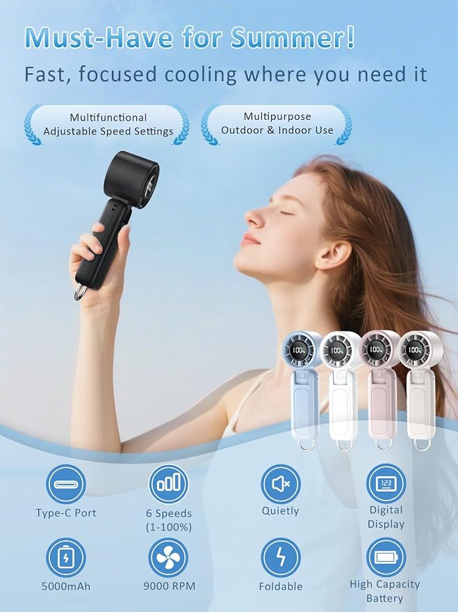 Handheld Fan, Portable Fan, 1-100 Speed Adjustable Turbo Fan, 5000mAh Rechargeable Mini Personal Fan with Foldable Design and LED Display for Travel, Office, Home and Outdoor Use Pink