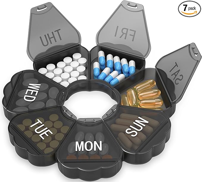 Enlarged Weekly Pill Organizer 7 Day, Daily Pill Box with Never Faded Etched 3D Date Labels, Travel Pill Case with Large Compartment for Medication, Vitamin, Fish Oil, Supplements(Black)