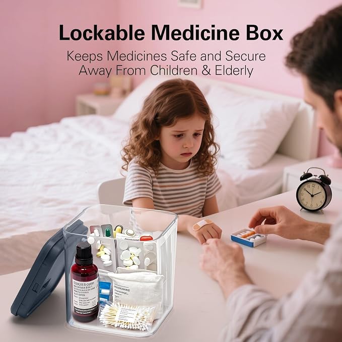 Medication Lock Box, Small Lock Box, Childproof Medicine Lockbox, Lockable Storage Box for Pill Organizer/Medicine Safe/Phone/Refrigerator/Personal Items/Dorm, 5.6’’x 5.6’’x 6.3’’