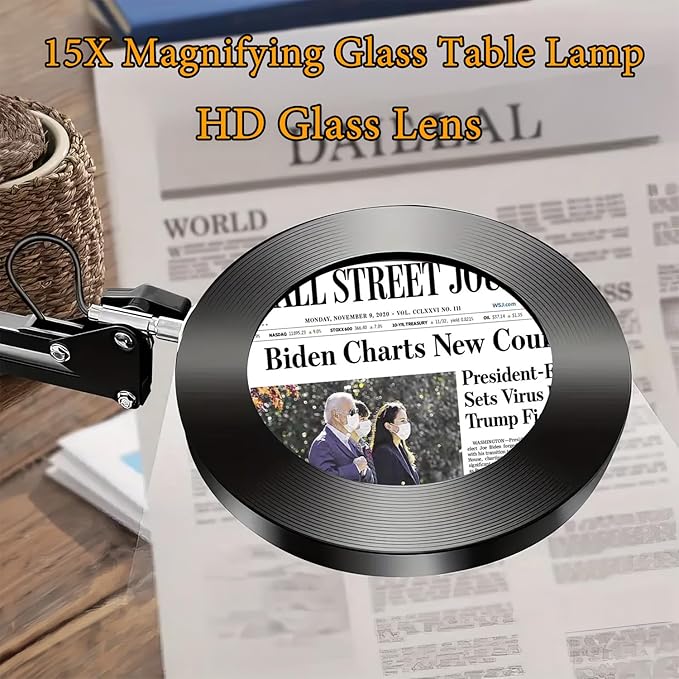 15X Magnifying Glass with Light – Real Glass Lens, 3 Color Modes & Adjustable Brightness – 2-in-1 Desk Lamp with Clamp & Heavy Base – Flexible Swing Arm – Ideal for Crafts, Reading, Repair, Seniors