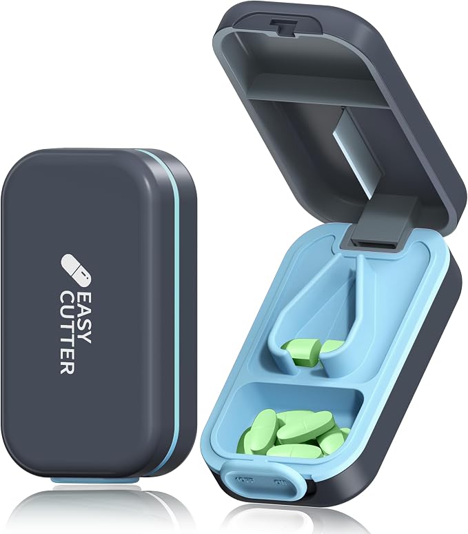 Pill Cutter | Pill Splitter for Small or Large Pills | Design in The USA| Cuts Vitamins |- Adjustable Splitter+ V-Shape Holder & Detachable Pad, Easy to Clean, Safe for Seniors, Kids, Pets-gray
