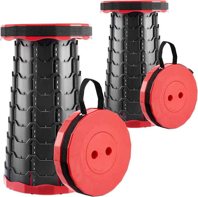 Doseno Collapsible Chair, Portable Collapsible Stool 2 Pack for Adults, Red | Banco plegable con altura ajustable y correa; pop up chair and foldable retractable stool for camping, fishing and hiking